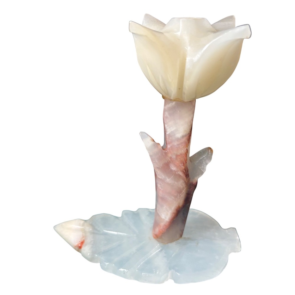 Vintage Carved Alabaster Marble Flower Candle Holder Rose Tulip Leaf Base 6"